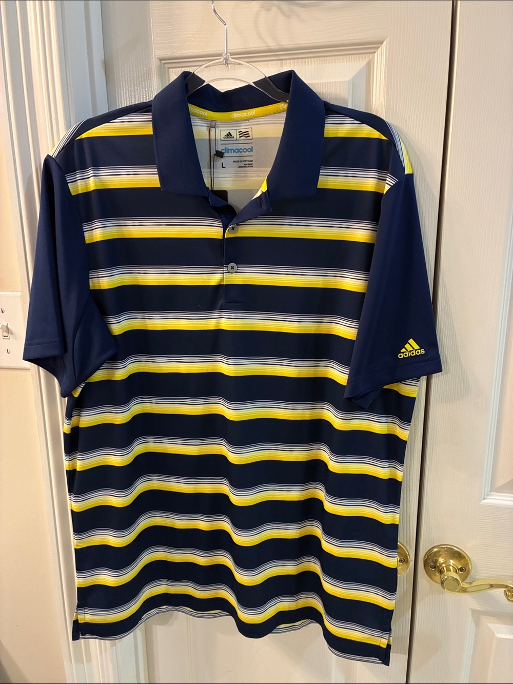 NWT adidas Climacool Navy and Yellow Striped Golf Performance Polo SZ L